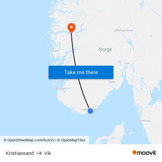 Kristiansand to Vik map