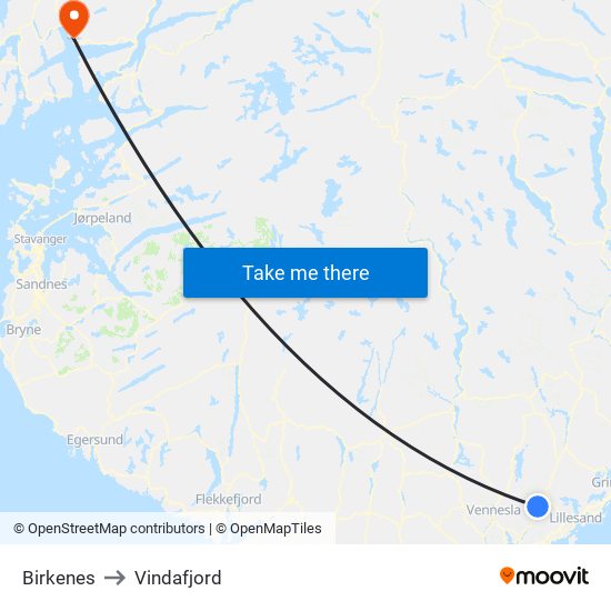 Birkenes to Vindafjord map