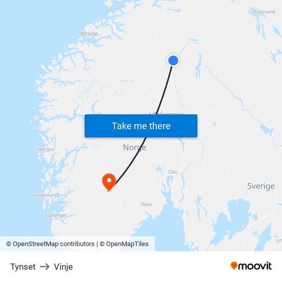 Tynset to Vinje map