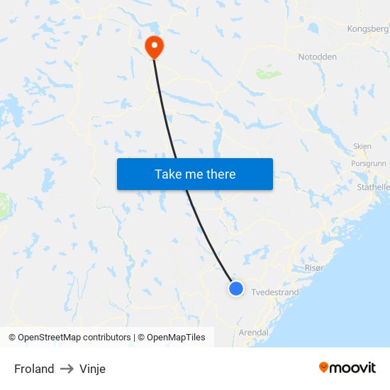 Froland to Vinje map
