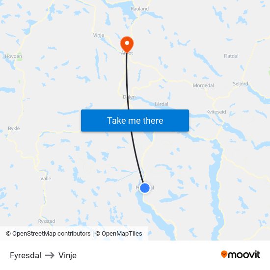 Fyresdal to Vinje map