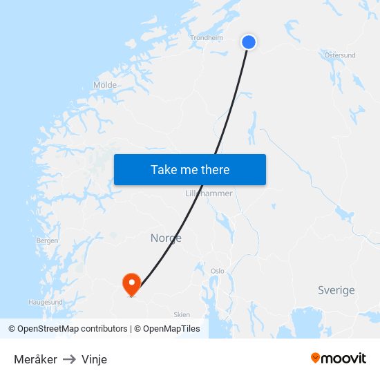 Meråker to Vinje map