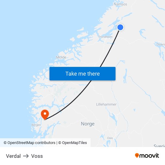 Verdal to Voss map