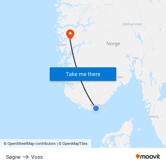 Søgne to Voss map