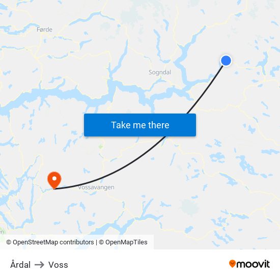 Årdal to Voss map