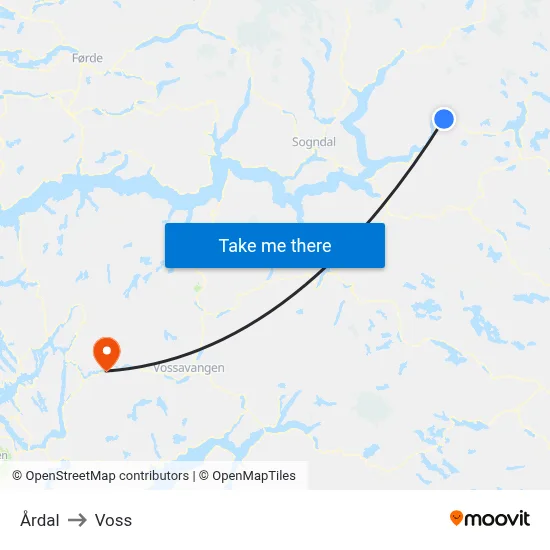 Årdal to Voss map