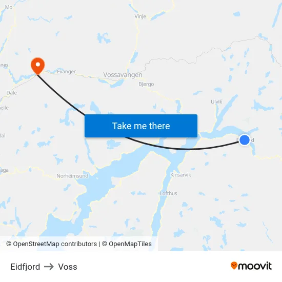 Eidfjord to Voss map