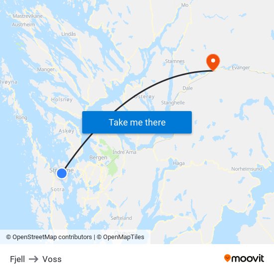 Fjell to Voss map