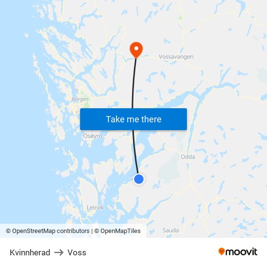 Kvinnherad to Voss map