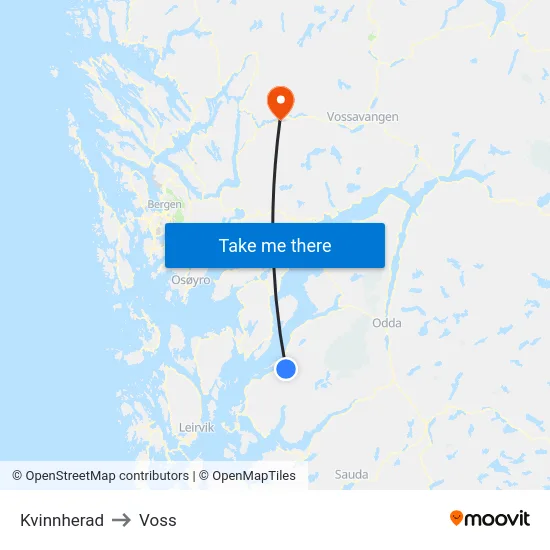 Kvinnherad to Voss map