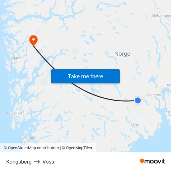 Kongsberg to Voss map