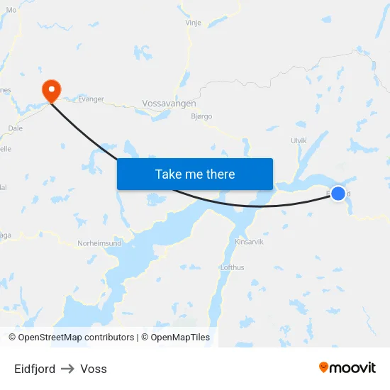 Eidfjord to Voss map