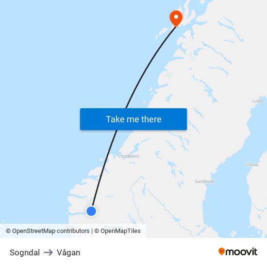 Sogndal to Vågan map