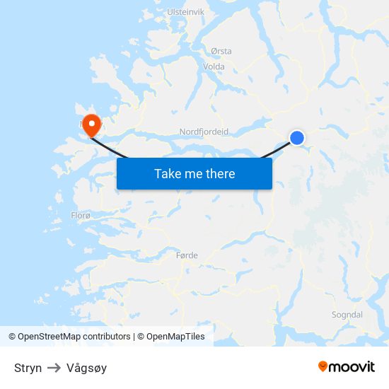 Stryn to Vågsøy map