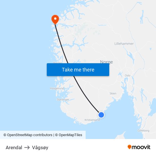 Arendal to Vågsøy map