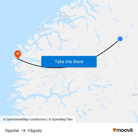 Oppdal to Vågsøy map