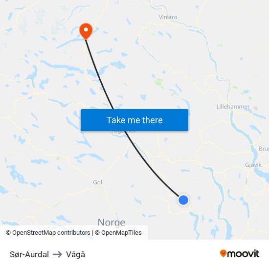 Sør-Aurdal to Vågå map