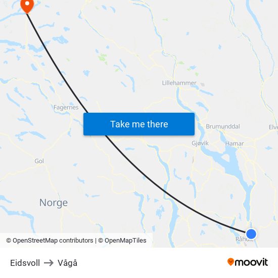 Eidsvoll to Vågå map