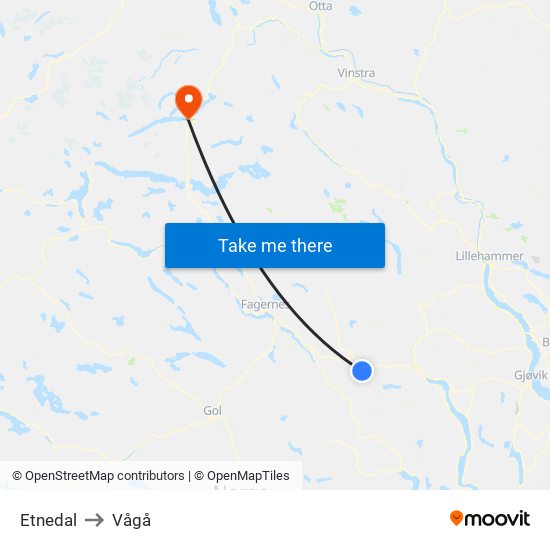 Etnedal to Vågå map