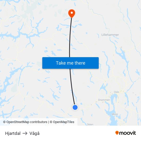 Hjartdal to Vågå map