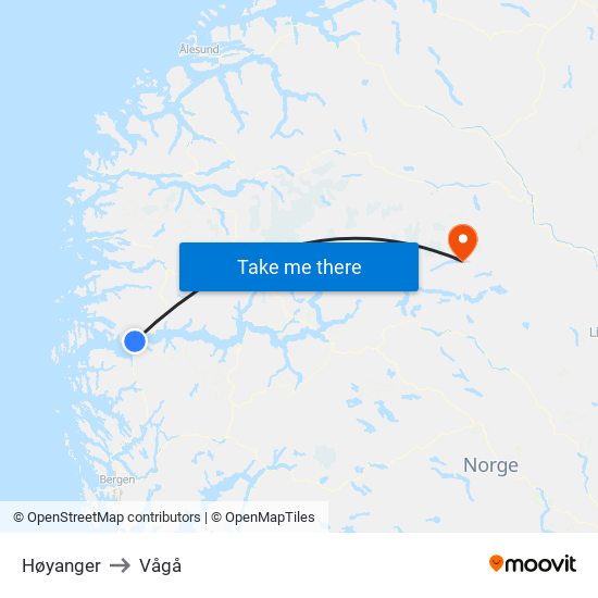 Høyanger to Vågå map