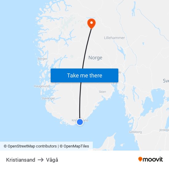 Kristiansand to Vågå map