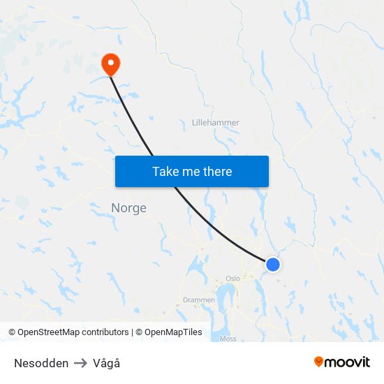 Nesodden to Vågå map