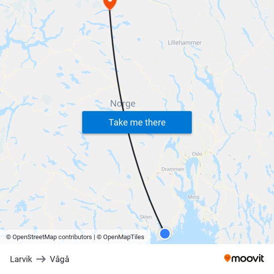 Larvik to Vågå map
