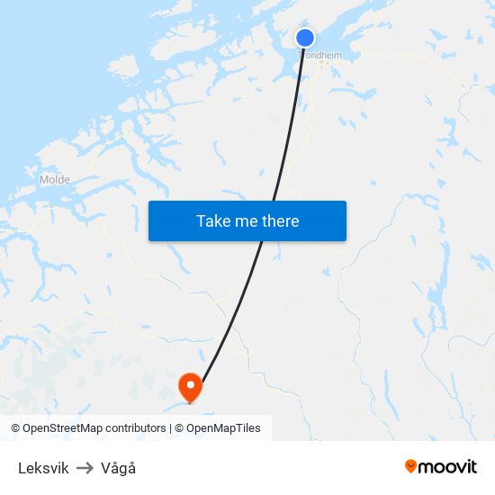 Leksvik to Vågå map