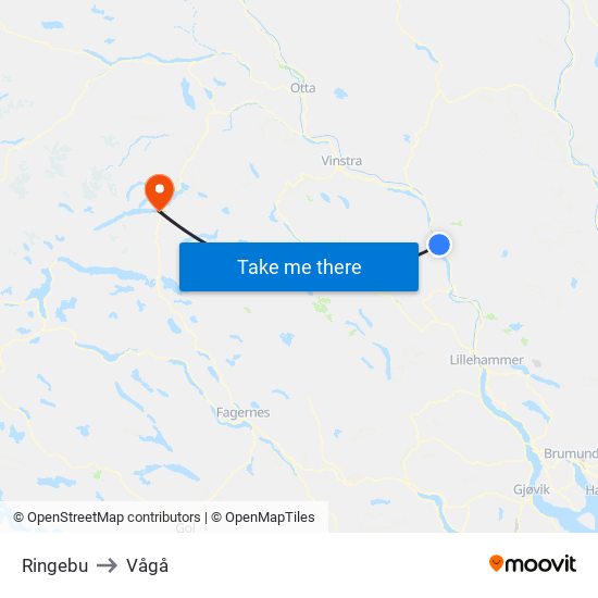 Ringebu to Vågå map