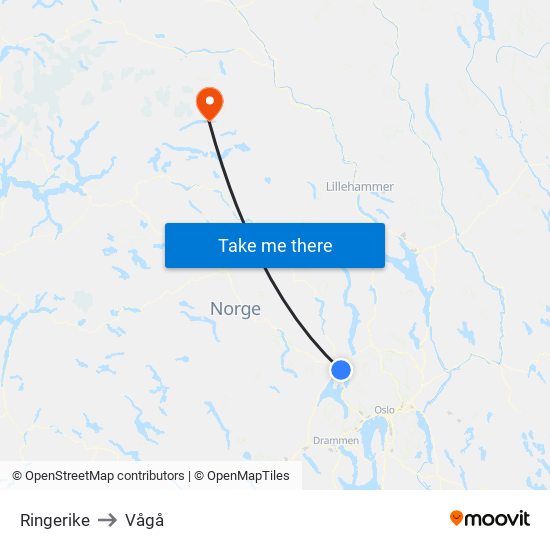 Ringerike to Vågå map