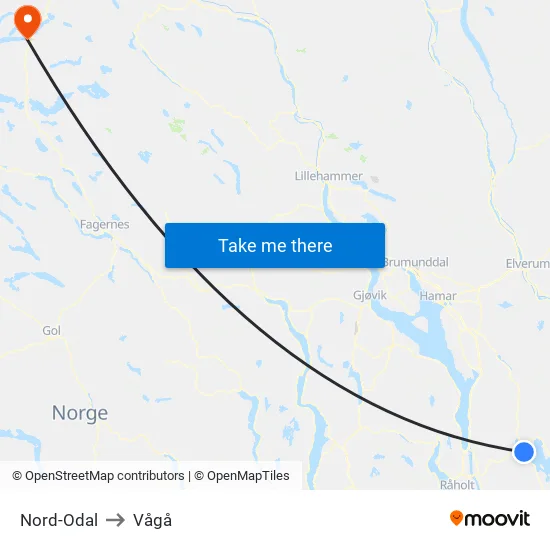 Nord-Odal to Vågå map