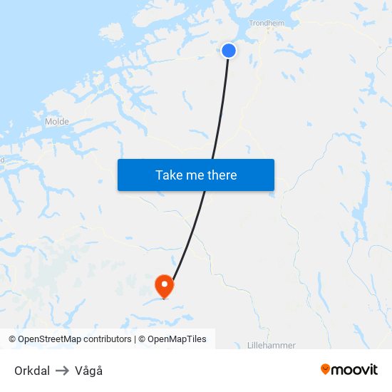 Orkdal to Vågå map