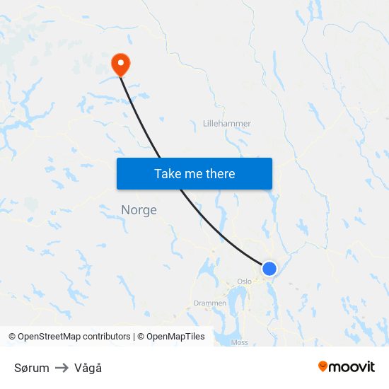 Sørum to Vågå map