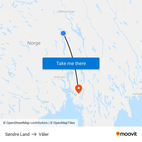 Søndre Land to Våler map