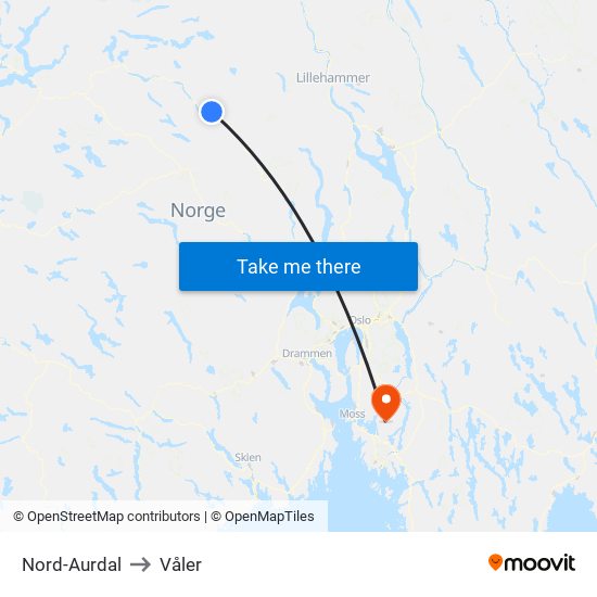 Nord-Aurdal to Våler map