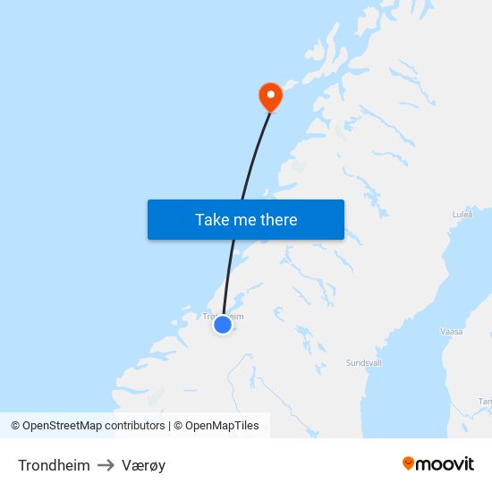 Trondheim to Værøy map