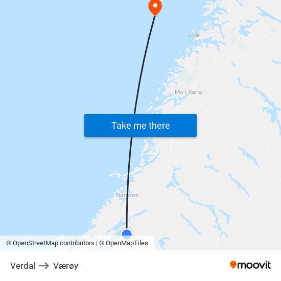 Verdal to Værøy map