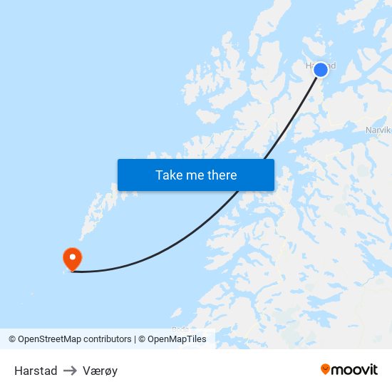 Harstad to Værøy map