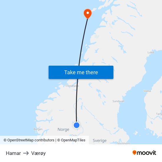 Hamar to Værøy map