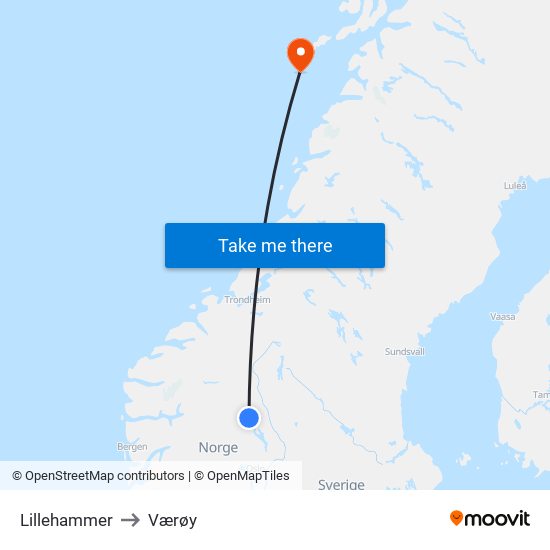 Lillehammer to Værøy map