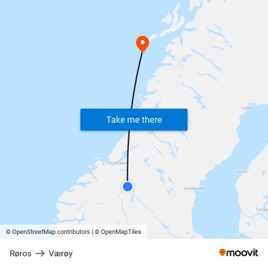 Røros to Værøy map