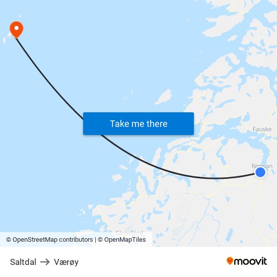 Saltdal to Værøy map