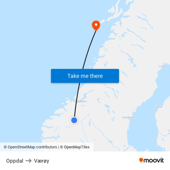 Oppdal to Værøy map
