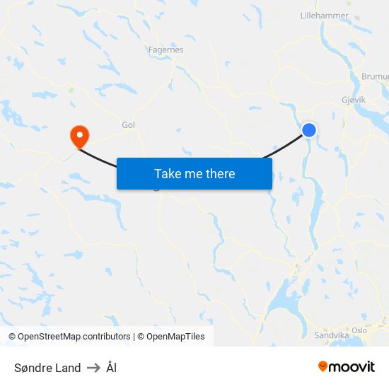 Søndre Land to Ål map