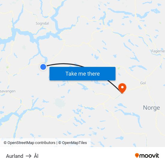 Aurland to Ål map