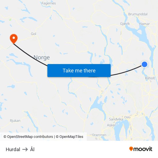 Hurdal to Ål map