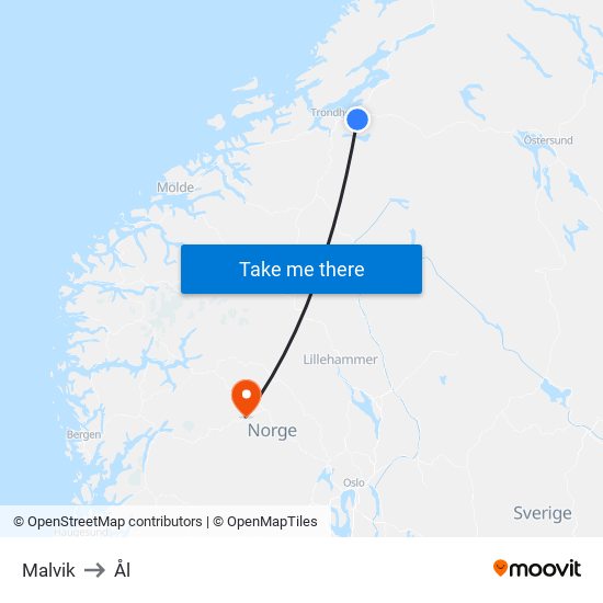 Malvik to Ål map