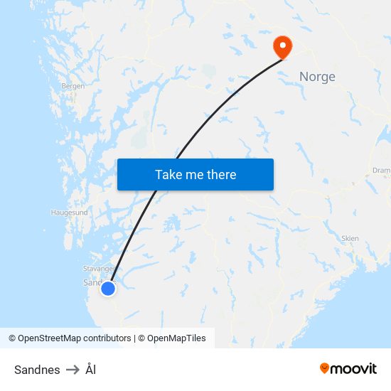 Sandnes to Ål map