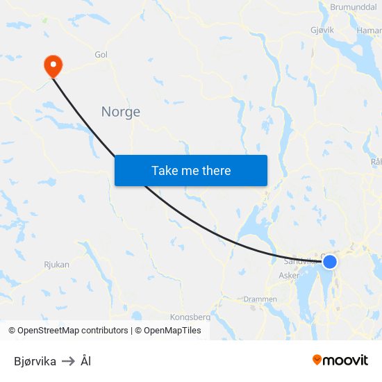 Bjørvika to Ål map